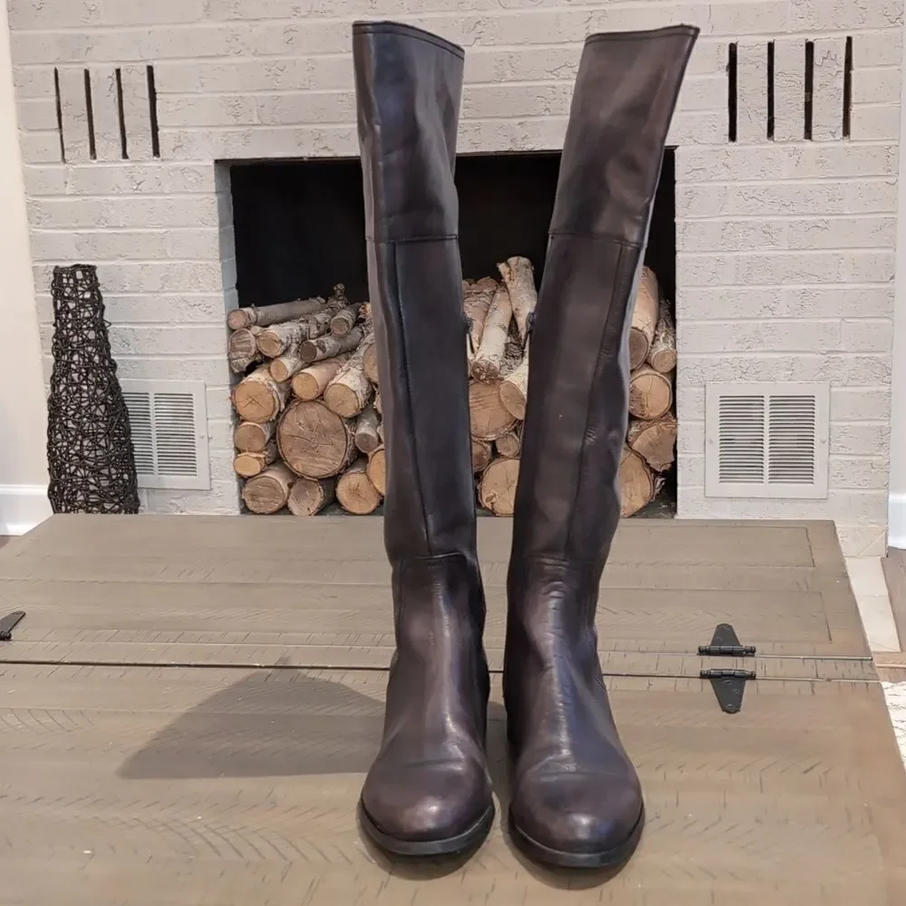 Anthropologie Miss Albright Black Gray Antique Leather Over The Knee Boots Sz 39